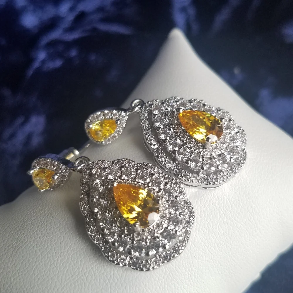 Swarovski Elements 925 Sterling Silver Large Yellow Citrine Teardrop Earrings - Picture 3 of 12